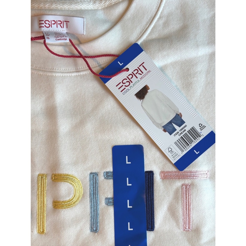 Esprit Size Large Sweatshirt Women Cream Rainbow Logo Crewneck retro 80s 90s - Picture 5 of 6